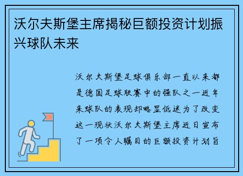 沃尔夫斯堡主席揭秘巨额投资计划振兴球队未来