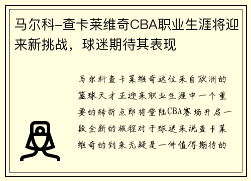 马尔科-查卡莱维奇CBA职业生涯将迎来新挑战，球迷期待其表现