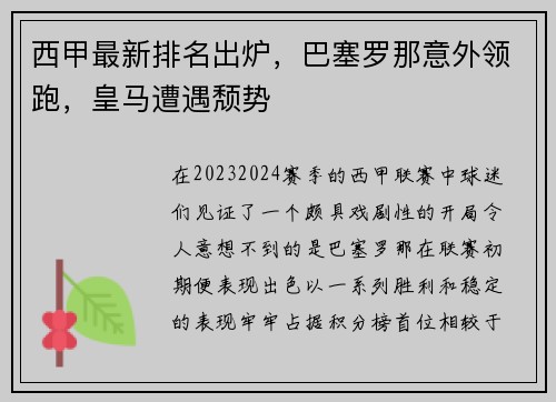 西甲最新排名出炉，巴塞罗那意外领跑，皇马遭遇颓势